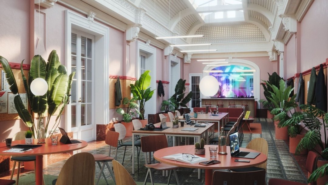 Espacio de trabajo colaborativo con diseño atractivo, una de las soluciones a un espacio insuficiente y una de las señales de que una empresa invierte en su cultura.