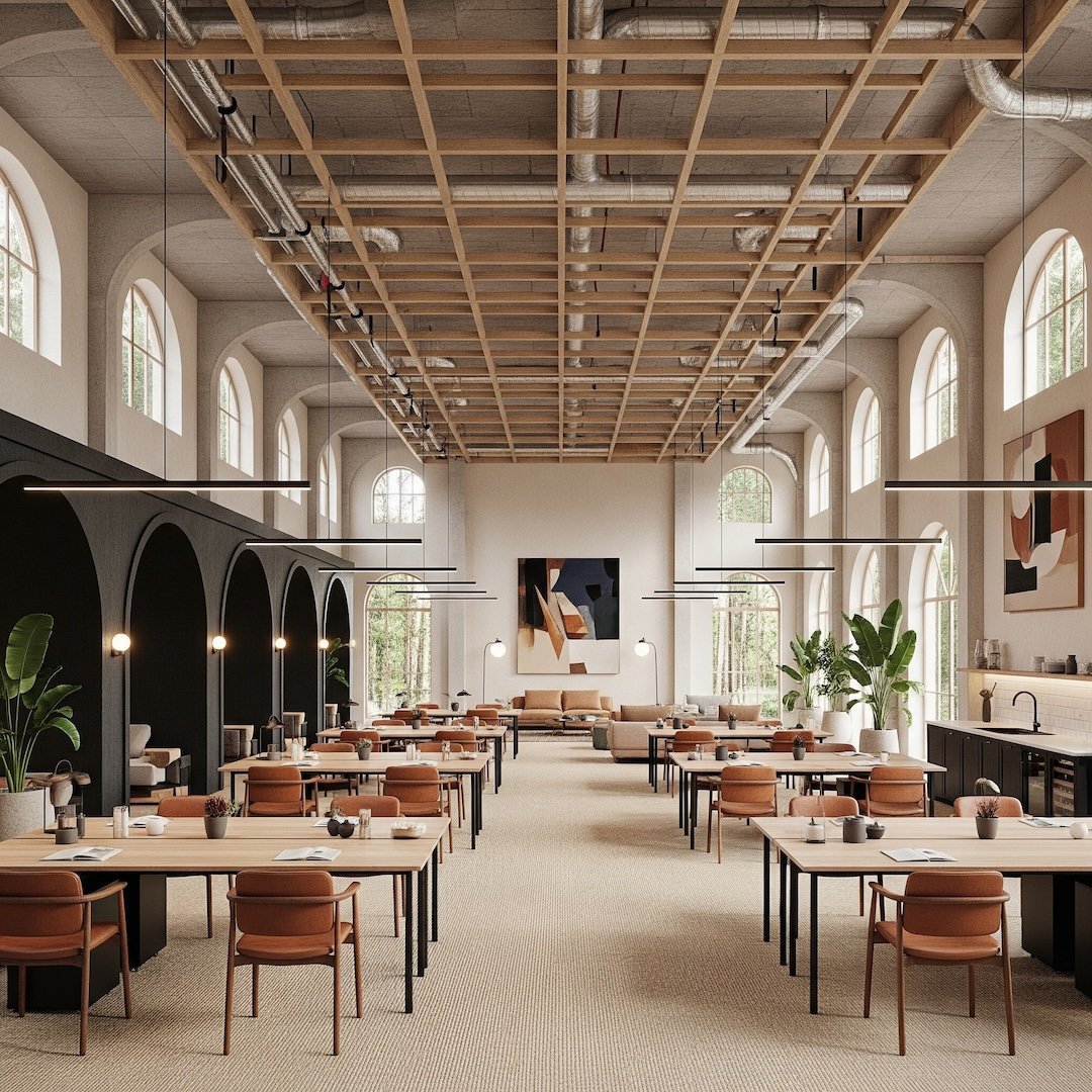 Gran espacio de oficina moderna y luminosa con estilo coworking, techos altos, amplias ventanas arqueadas, mesas de trabajo de madera y sillas de cuero, con zonas de descanso y cocina integrada, ideal para equipos grandes.