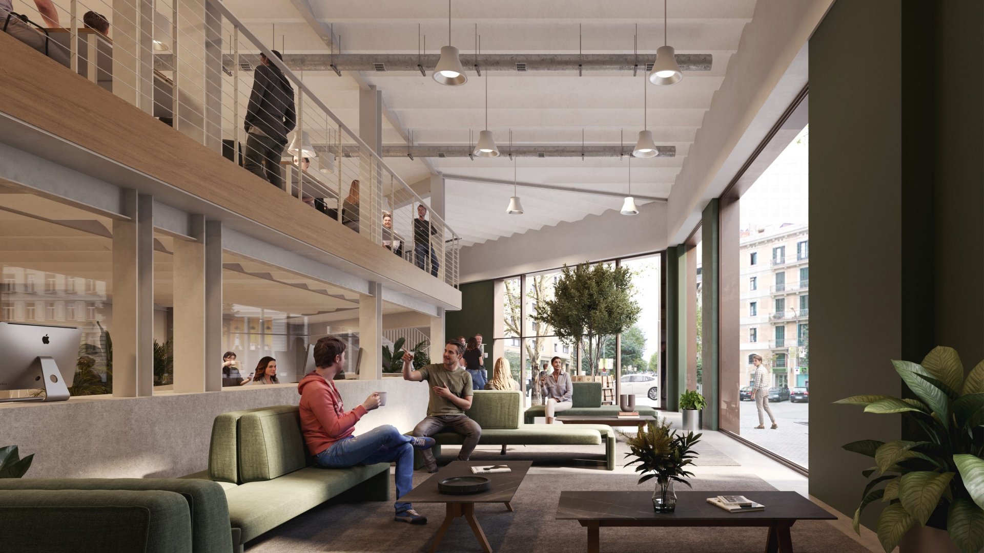 Dos personas conversando en una oficina moderna y luminosa, ejemplo de cómo funciona el proceso de Sit&Plug para buscar oficina.